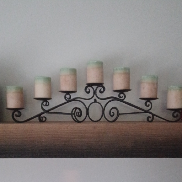 wrought iron 7-pillar candle holder Cream and Green Accents